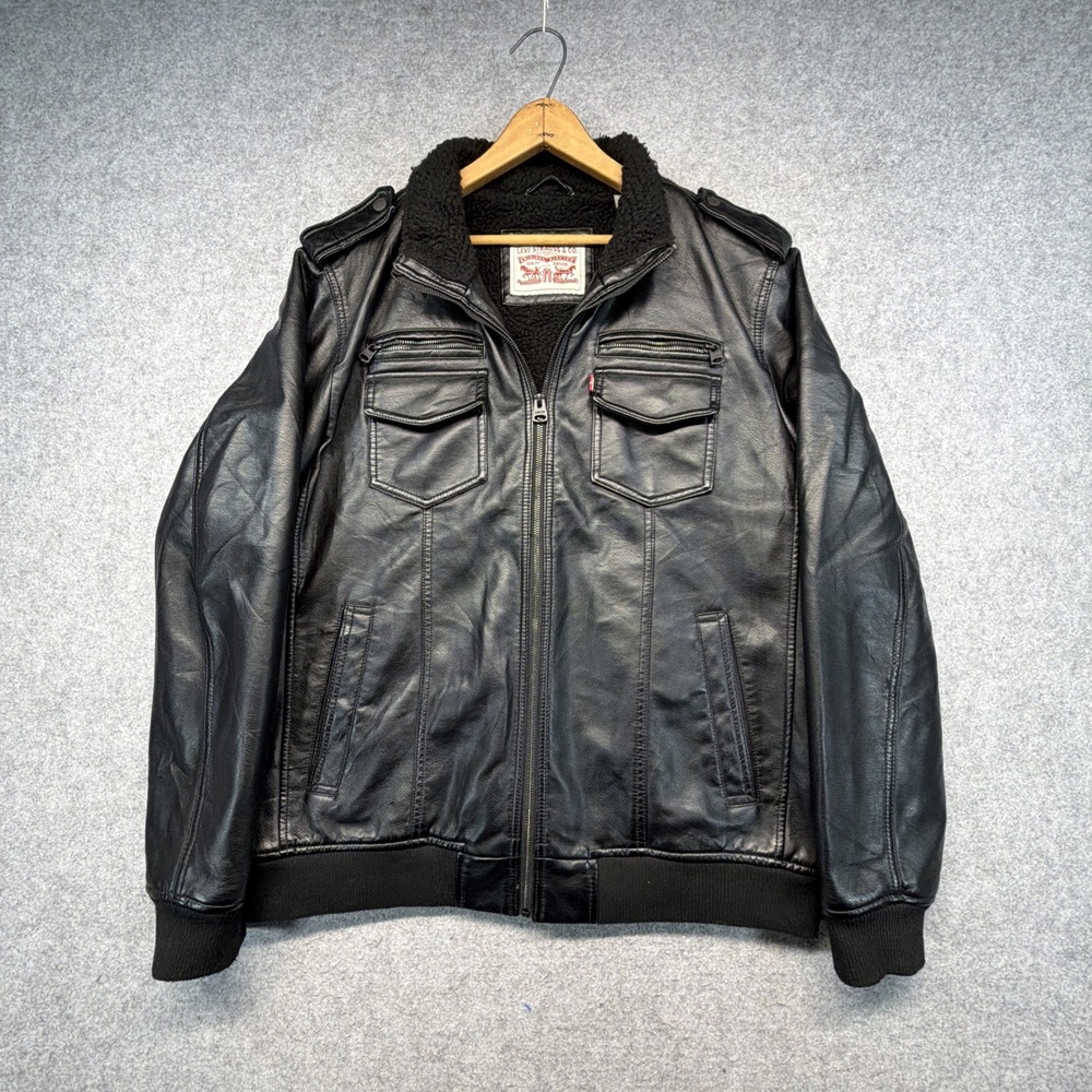 Levi's Black Faux Leather Sherpa Lined Full Zip Bomber Jacket Men's XL